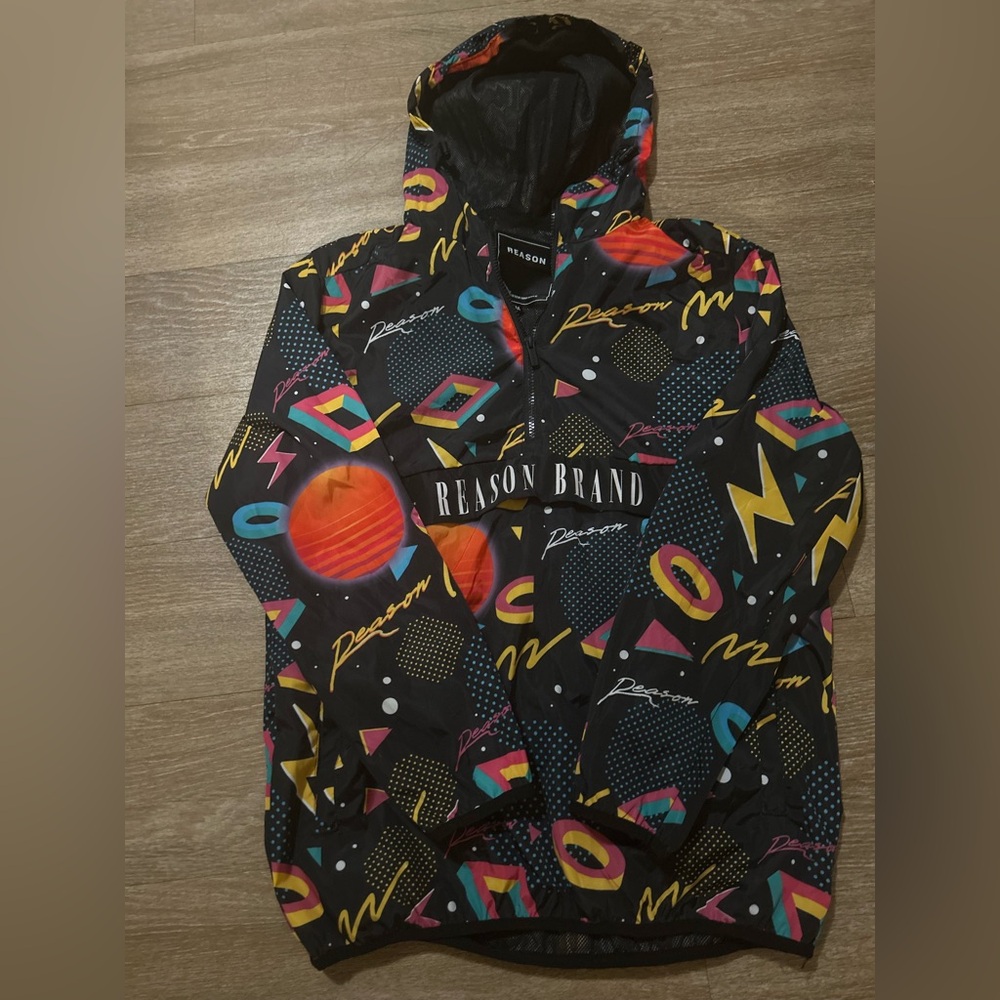 NWOT Reason Brand Matter Allover Black Print Hooded Anorak Windbreaker Jacket M